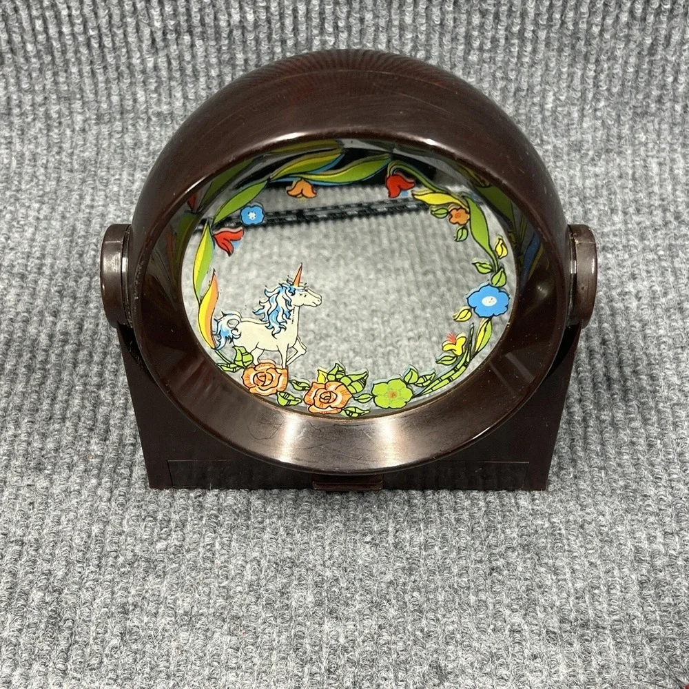 VTG 70's Yaps Brown Lucite Mirror Unicorn Floral Music Box Small‎ Drawer RARE